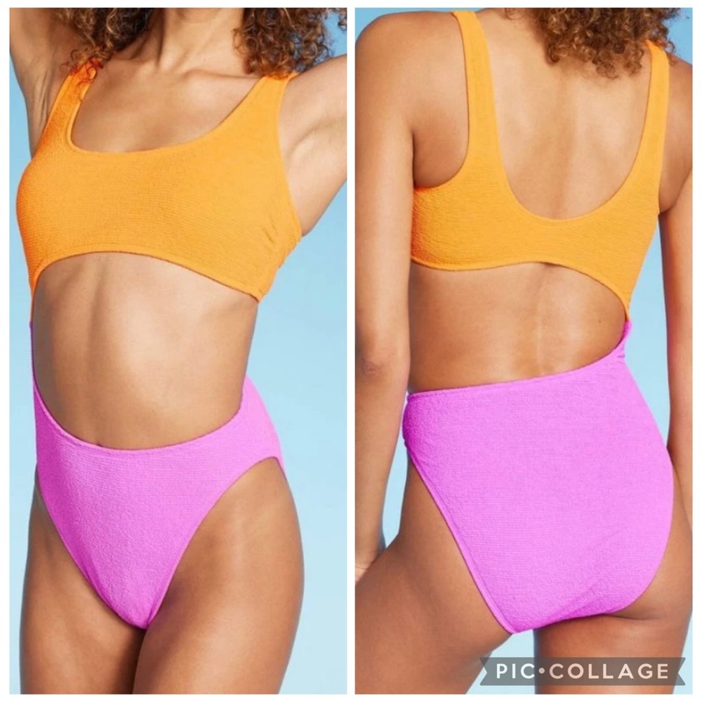 New WILD FABLE Women's Orange & Pink Cut Out One Piece Monokini Swimsuit Sz XXS